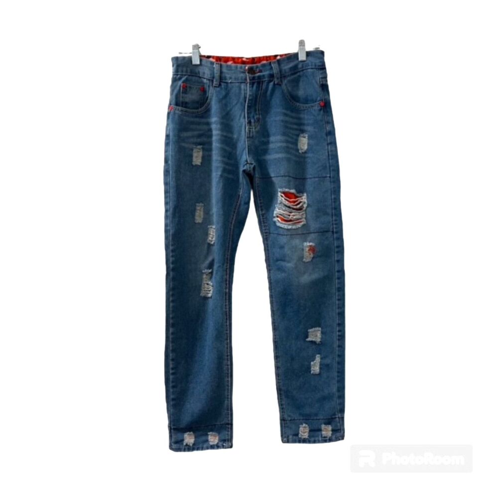 Unbranded Mens Blue Distressed Ripped Red Patch Straight Jeans Size 30